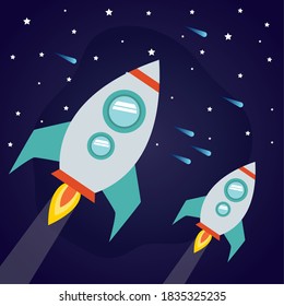 Space rockets on starry background of futuristic and cosmos theme Vector illustration