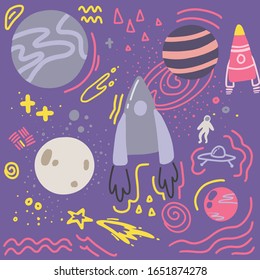 Space, rockets, planets, on a dark purple background