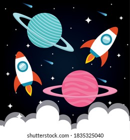 Space rockets with planets on starry background of futuristic and cosmos theme Vector illustration