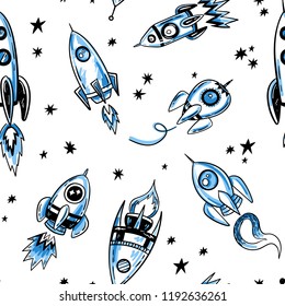 Space rockets print, seamless pattern design. Hand drawn illustration.