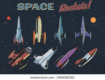 Space Rockets! Retro Future Style Spacecrafts, Rockets and Spaceships, 1950s - 1960s Sci-Fi Stylization