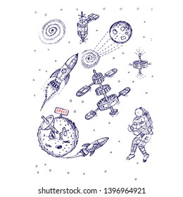 space with rockets and satellites, doodle