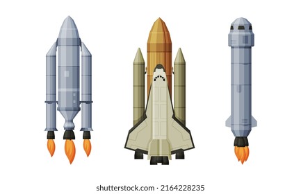 Space rockets set. Astronautics and space exploration technologies vector illustration