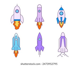 Space rockets set isolated on white background. Childish illustration for kids