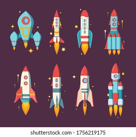 Space rockets set. Modern star ships various shapes heavy multistage cargo research stations passenger with three powerful engines stylish color computer game design. Cartoon space vector.