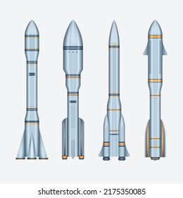 Raketen-Set. Realistische 3D-Kollektion von Raumstationen und Raumstationen, schwere Raketen, Raketen und Raummodule einzeln. Raumsonde. Vektorgrafik