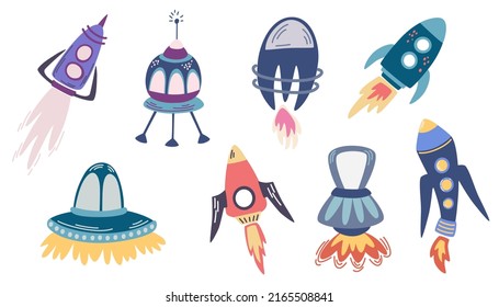 Space rockets set. Rocket, Satellite, UFO. Cartoon Rocket for fashionable children's clothing or textiles. Vector Hand draw illustration isolated on the white background. 