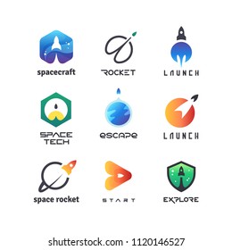 Space Rockets, Shuttles Launch, Spaceship, Aviation And Futuristic Aircraft. Vector Retro Logos And Badges Isolated. Illustration Of Rocket Badge, Spaceship Logo Travel