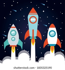 Space rockets with smoke on starry background of futuristic and cosmos theme Vector illustration