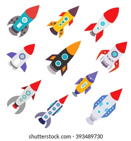 space rockets and spacecraft on white background. set Icons of rockets of various shapes. flat style