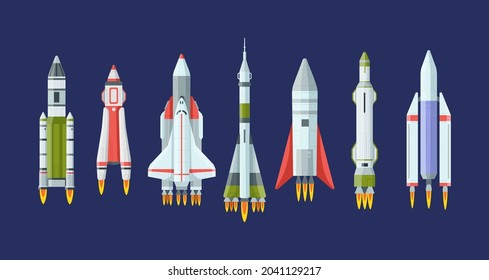 Cohetes espaciales y naves espaciales montadas. Transbordador cósmico aeroespacial de tecnología futurista para viajes interestelares explorando el universo. Naves espaciales de cohetes de diferentes clases, lanzadera, vectores de naves espaciales