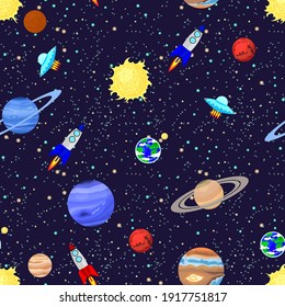 Space, rockets, ufo and planets, seamless pattern