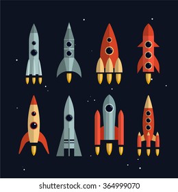 Space rockets vector icons set in flat style. Space exploration and business start up launch concept. Isolated design elements.