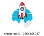 Space rocketship launch - Vector illustration of spaceship launching upwards on blue oval ellipse element. Flat design with white background
