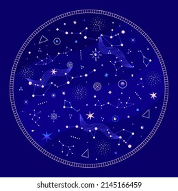 Space round composition with planets, constellation, stars. Vector illustration on theme of astrology, astronomy. Galaxy. Cosmic design. Celestial bodies. Cover, card, print on clothes, poster