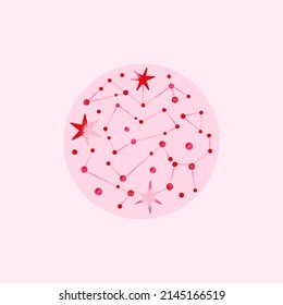 Space round composition with stars in pink, red colors. Vector illustration on theme of astrology, astronomy, esotericism. Cosmic art. Celestial bodies. Cover, card, print on clothes, poster