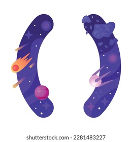 Space Round Parentheses with Comet and Starry Sky Vector Illustration