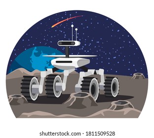 Space rover explores surface of planet. Surface landscape exploration by curiosity robot. Scientific equipment on flat landscape vector illustration. Vehicle with camera and antenna discover moon.