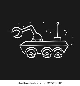 Space rover icon in doodle sketch lines. Vehicle, exploration, planet surface 