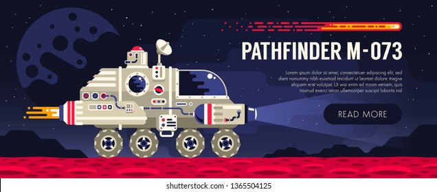 Space rover on Mars surface. Exploring an alien planet. Vector illustration.