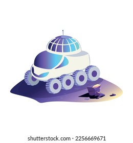 space rover with rooftop observatory in cartoon style. vector illustration isolated on white background. exploration of planetary surfaces. scientific equipment.