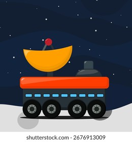 Rover espacial com antena de satélite na superfície da Lua. Exploração de conceito, tecnologia de astronomia e missão espacial.