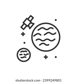 Space satellite around a planet, linear icon. Exploration of space and space objects. Line with editable stroke
