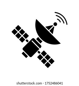 Space satellite black glyph icon. Cosmos exploration, modern telecommunication, aerospace industry silhouette symbol on white space. Orbital sputnik transmitting data. vector isolated illustration