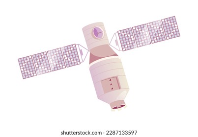 Space satellite for collecting data around planet. Isolated spaceship, galaxy exploration and universe discoveries. Vector in flat cartoon illustration