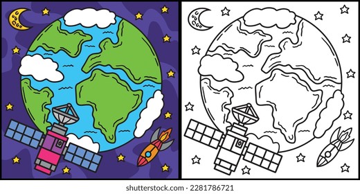 Space Satellite Coloring Page Colored Illustration