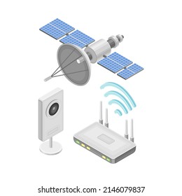 Space satellite communication. Antenna for receiving radio and television signal isometric vector illustration