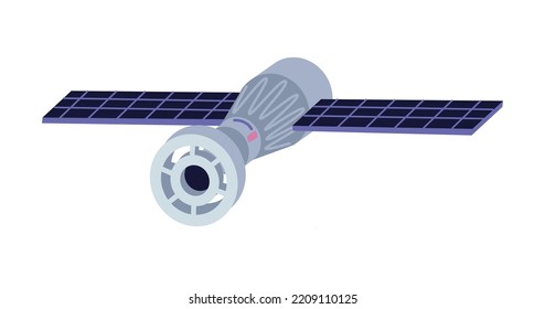 Space satellite constructed to gather information about galaxy and Earth. Artificial object flying in sky, scientific device. Vector in flat cartoon style