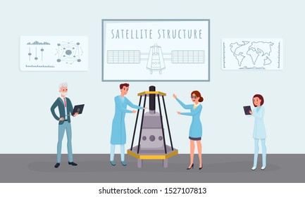 Space satellite construction flat vector illustrations. Professional engineers, scientists group working together cartoon characters. Telecommunication equipment development, assembling process