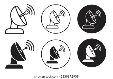 space satellite dish icon set. tv network transmission antenna vector symbol in black color. channel broadcasting dish sign. telescope data receiver pictogram. 