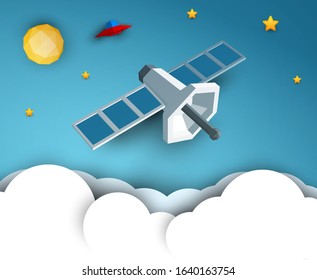 Space satellite fly in cosmos  with planet  and ufo. Science concept inspiration. Paper art cartoon 3d realistic trendy craft style. Modern origami design template. Funny cute vector illustration.