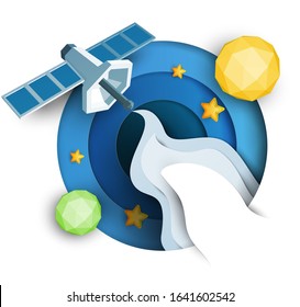 Space satellite fly in cosmos  with planet and stars. Science concept inspiration. Paper art cartoon 3d realistic trendy craft style. Modern origami design template. Funny cute vector illustration.
