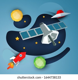 Space satellite fly in cosmos with planet, rocket and ufo. Science concept inspiration. Paper art cartoon 3d realistic trendy craft style. Modern origami design template. Cute vector illustration.