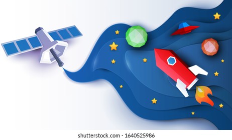 Space satellite fly in space with planet, rocket and ufo. Science concept inspiration. Paper art cartoon 3d realistic trendy craft style. Modern origami design template. Cute vector illustration.