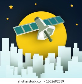 Space satellite fly in sky over city with moon, and star. Science concept inspiration. Paper art cartoon 3d realistic trendy craft style. Modern origami design template. Cute vector illustration.