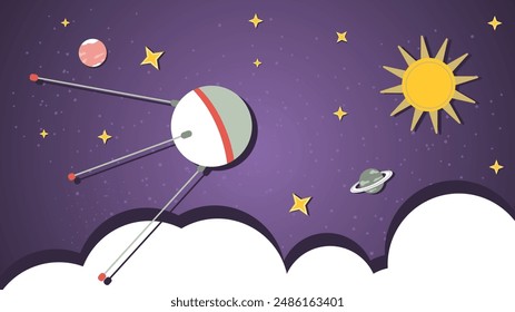 A space satellite is flying in outer space among the planets, a flat illustration of a childrens doodle