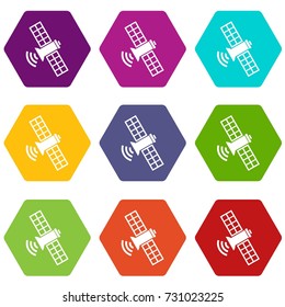 Space satellite icon set many color hexahedron isolated on white vector illustration