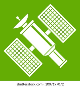 Space satellite icon white isolated on green background. Vector illustration