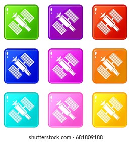 Space satellite icons of 9 color set isolated vector illustration