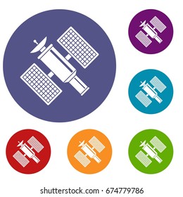 Space satellite icons set in flat circle reb, blue and green color for web