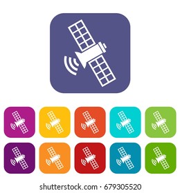 Space satellite icons set vector illustration in flat style In colors red, blue, green and other