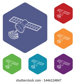 Space satellite icons vector colorful hexahedron set collection isolated on white