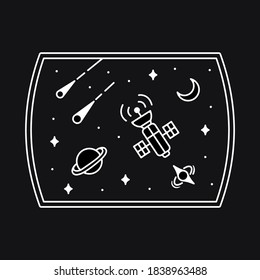 Space satellite illustration. Space satellite line art with white outline color. Illustration design for apparel products, mugs and wall posters