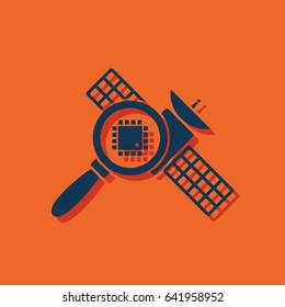 Space satellite inspection flat icon. Digital science vector illustration
