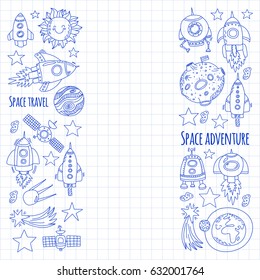 Space, satellite, moon, stars, spacecraft, space station Space hand drawn doodle icons and patterns