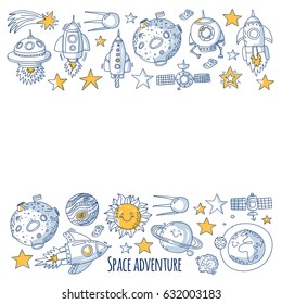 Space, satellite, moon, stars, spacecraft, space station Space hand drawn doodle icons and patterns